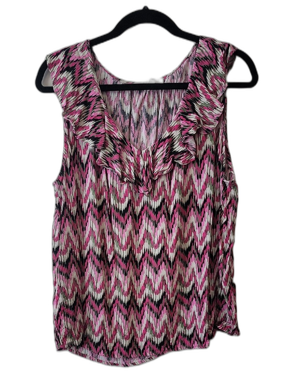LOFT Pink Black and Cream Chevron Ruffle V-Neck Sleeveless Blouse Office Casual